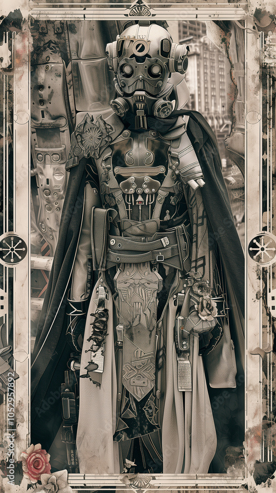Intricate cyberpunk warrior in futuristic armor and mask, set in dystopian city background, detailed portrait Intricate cyberpunk warrior in futuristic armor and mask, set in dystopian city background, detailed portrait