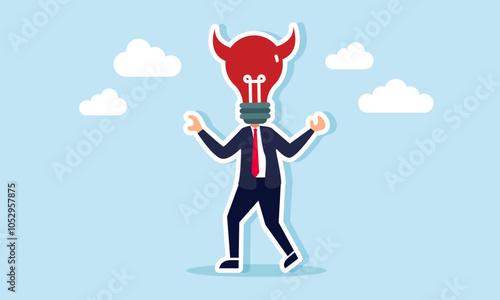 A businessman with a red lightbulb head and devil horns, illustration of an evil businessman with cunning ideas