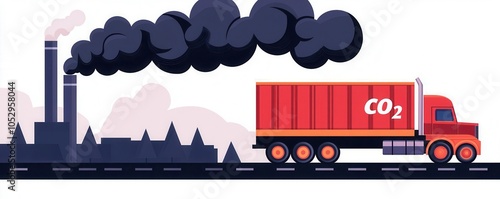 CO2 emissions from trucks and factories polluting the air, CO2 emissions pollution, representing the combined effect of industrial and transportation pollution