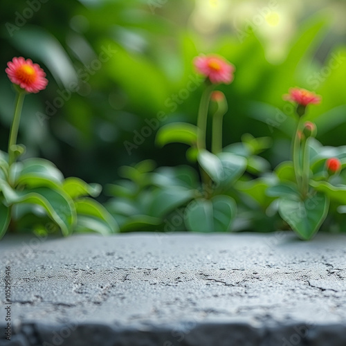 Close up of a flower garden with a stone slab in the foreground