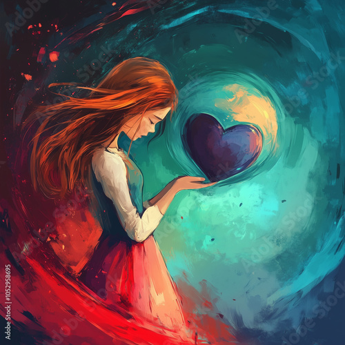 woman holding heart against blue swirling background