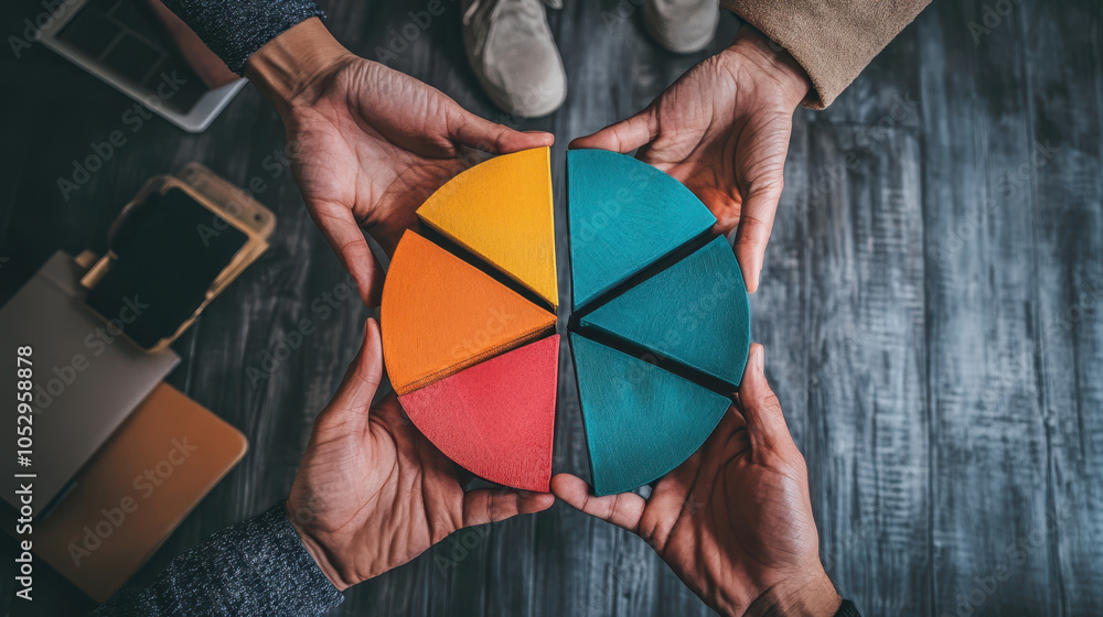 custom made wallpaper toronto digitalHands holding colorful pie chart representing business data for 2025, showcasing teamwork and collaboration in professional setting