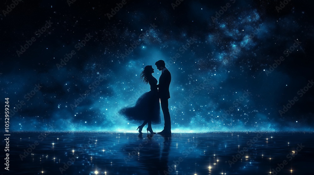 Naklejka premium A romantic couple dancing beneath a starry sky, elegant movements. AI generated