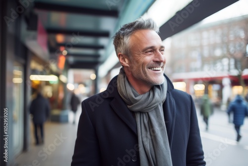 Portrait of smiling senior man in coat and scarf in the city