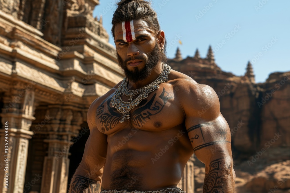 Obraz premium Hanuman as a protector, standing guard in front of a temple, with a fierce look and a protective stance