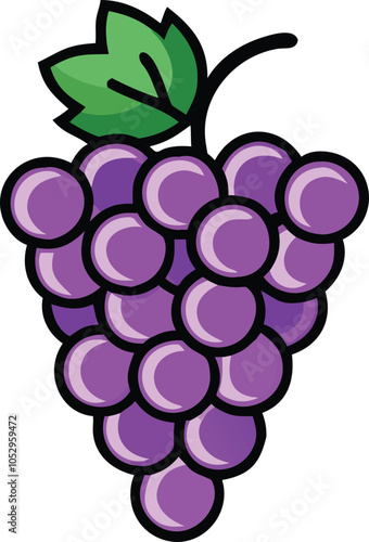 Colorful bunch of grapes vector illustration, Bright, stylized vector illustration of a purple grape bunch with a green leaf, designed in a bold and playful style.
