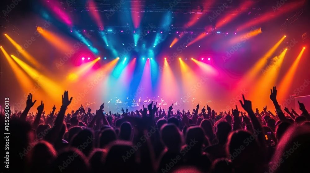 Vibrant Concert Crowd Enjoying Live Music Under Colorful Stage Lights in a Packed Venue Vibrant Concert Crowd Enjoying Live Music Under Colorful Stage Lights in a Packed Venue