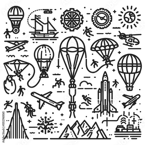 Bungee Jumping elements thin outline icon set