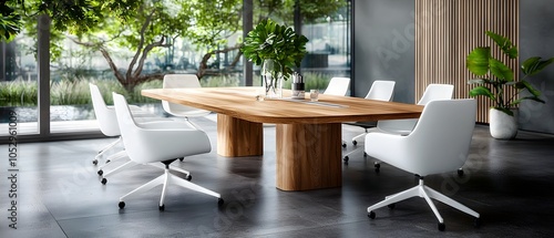 High angle view of a sophisticated and elegant meeting space featuring a polished wooden table and modern white chairs arranged in perfect symmetry