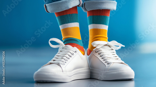 Stylish sneakers and colorful socks a trendy footwear perspective photo