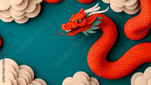 Stylized red snake in an ancient Chinese art style featuring jade and cloud motifs that symbolize protection and good fortune for the upcoming 2025 New Year photo