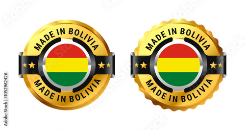 Made in bolivia sign stamp badge logo a gold circle with a picture of a flag in the middle. For icon, label, mark, symbol, etc. Modern and minimalist. Vector Illustration