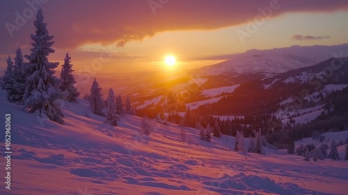 Winter Sunset Landscape with Snow Covered Mountains and a Village
