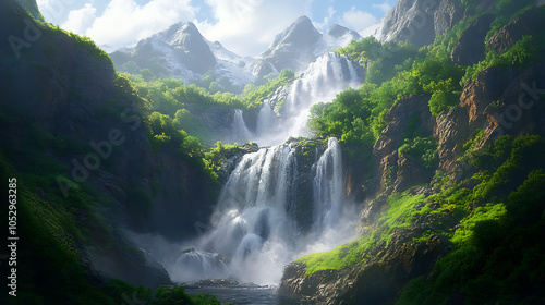 A breathtaking view of a majestic waterfall cascading over rocky cliffs, surrounded by lush greenery under bright summer sunlight 