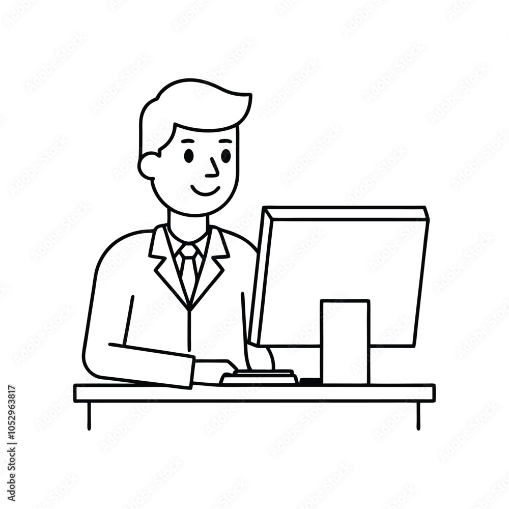Corporate man Working on Computer: Black and White Vector Line Art Corporate man Working on Computer: Black and White Vector Line Art