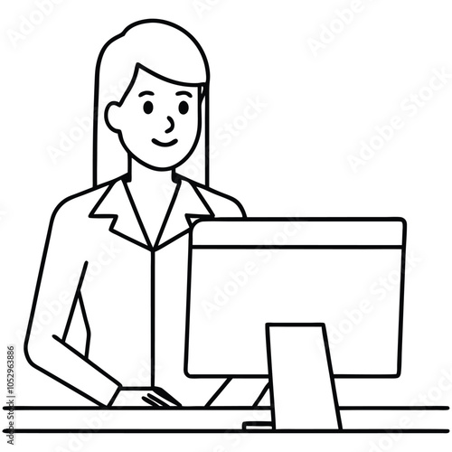 Corporate woman Working on Computer: Black and White Vector Line Art