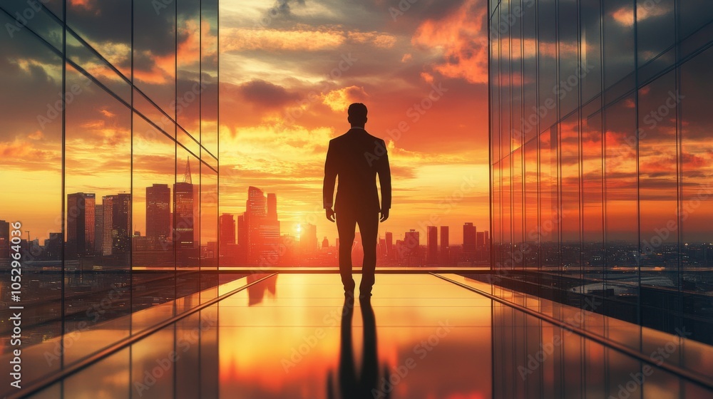 Businessman Silhouette at Sunset in Urban Setting Businessman Silhouette at Sunset in Urban Setting