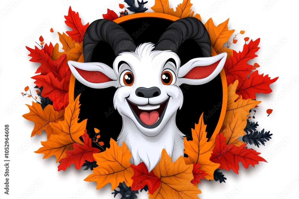 a 2D cartoon illustration of a smiling goat eating leaves fun and lively white background a 2D cartoon illustration of a smiling goat eating leaves fun and lively white background