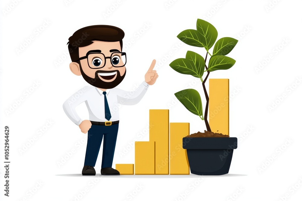 a 2D cartoon illustration of a smiling investor pointing to a bar chart representing profits white background a 2D cartoon illustration of a smiling investor pointing to a bar chart representing profits white background