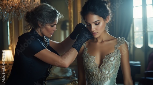 Fashion designer adjusting luxurious gown on model, focusing on intricate details. Ai generated photo