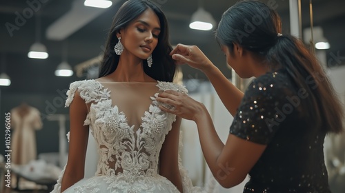 Fashion designer adjusting luxurious gown on model, focusing on intricate details. Ai generated photo