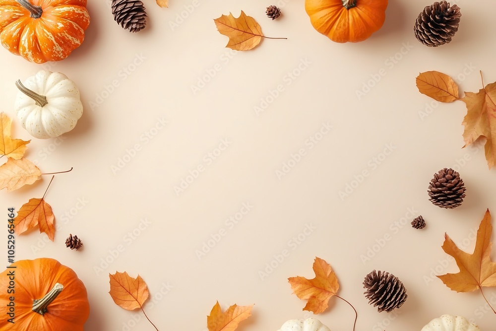 An autumn flat lay of pumpkins, pine cones, and autumn leaves on a beige background An autumn flat lay of pumpkins, pine cones, and autumn leaves on a beige background