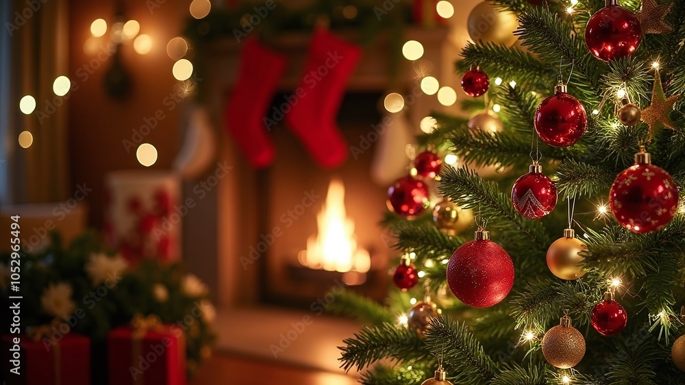Warm festive holiday with decorated Christmas tree Warm festive holiday with decorated Christmas tree