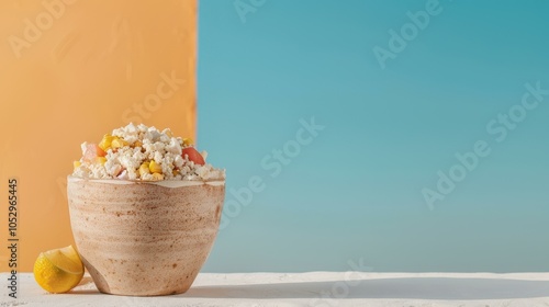 Mexican street corn salad with cotija and lime, copy space, Salad photography photo