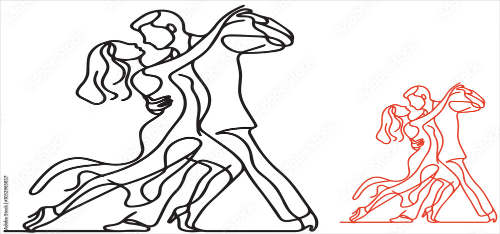 Fototapeta premium Single one line drawing happy cute married man and woman dancing on the floor at party vector illustration