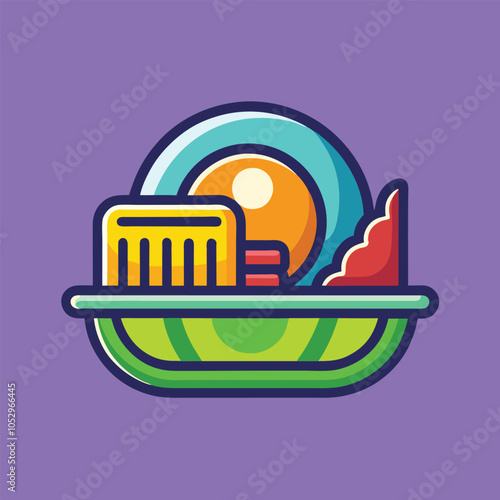A colorful illustration of a bowl with a yellow comb, orange ball, blue circle, and red shape. The design is playful and whimsical, featuring vibrant colors.