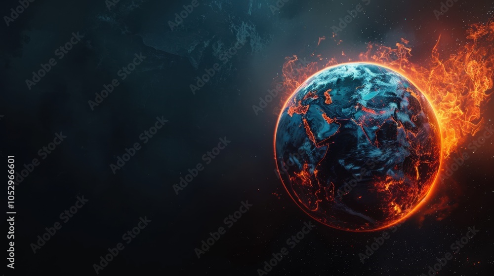3D Earth engulfed in fiery destruction in space 3D Earth engulfed in fiery destruction in space