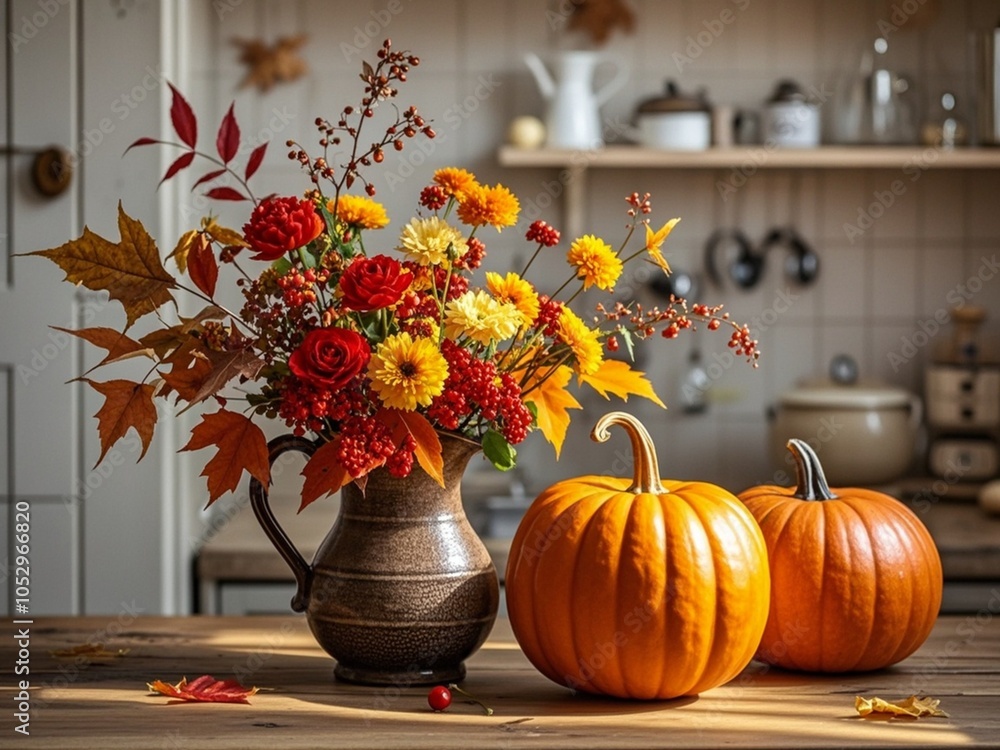 Autumn kitchen interior. Red and yellow leaves and flowers in the vase and pumpkin on light background