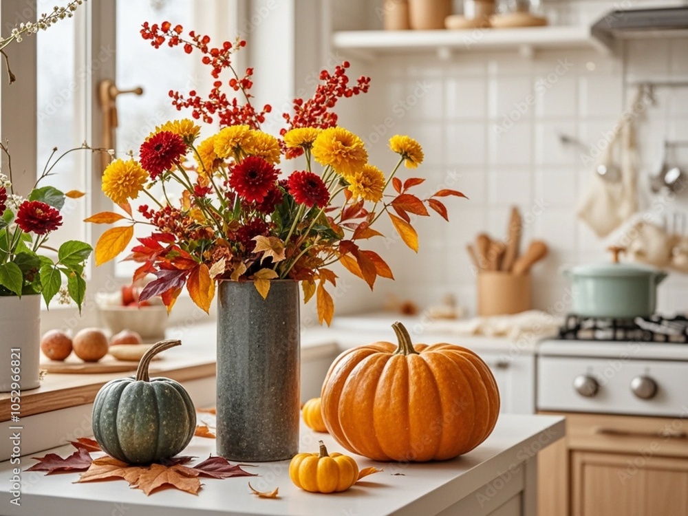 Autumn kitchen interior. Red and yellow leaves and flowers in the vase and pumpkin on light background