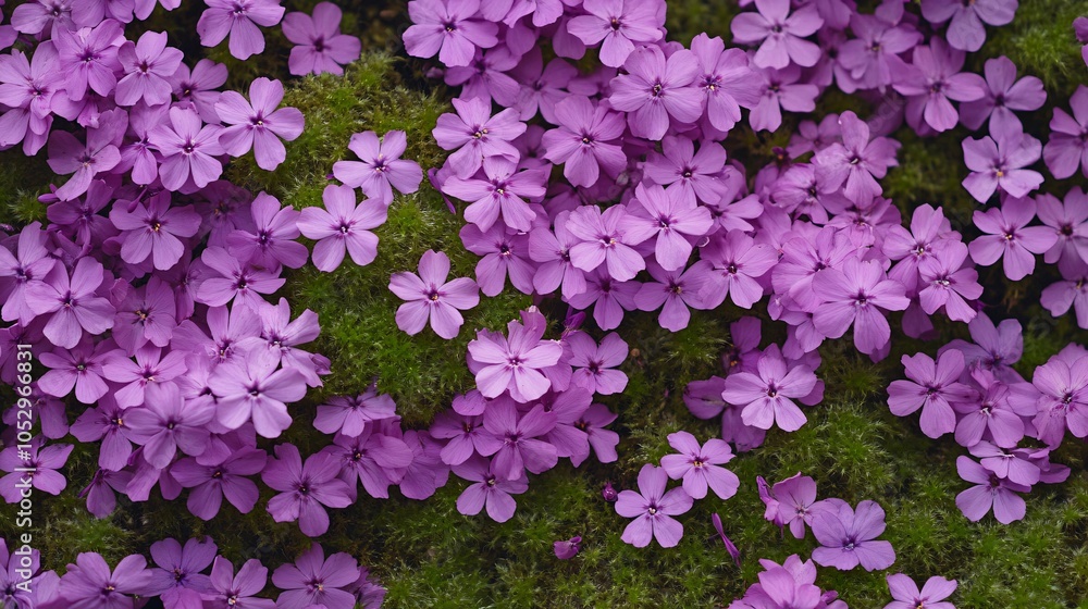 2410 77.A dense carpet of purple phlox subulate flowers in full bloom, with their bright, star-like petals covering the ground. The creeping moss forms a vibrant purple and green mat, transforming 2410 77.A dense carpet of purple phlox subulate flowers in full bloom, with their bright, star-like petals covering the ground. The creeping moss forms a vibrant purple and green mat, transforming