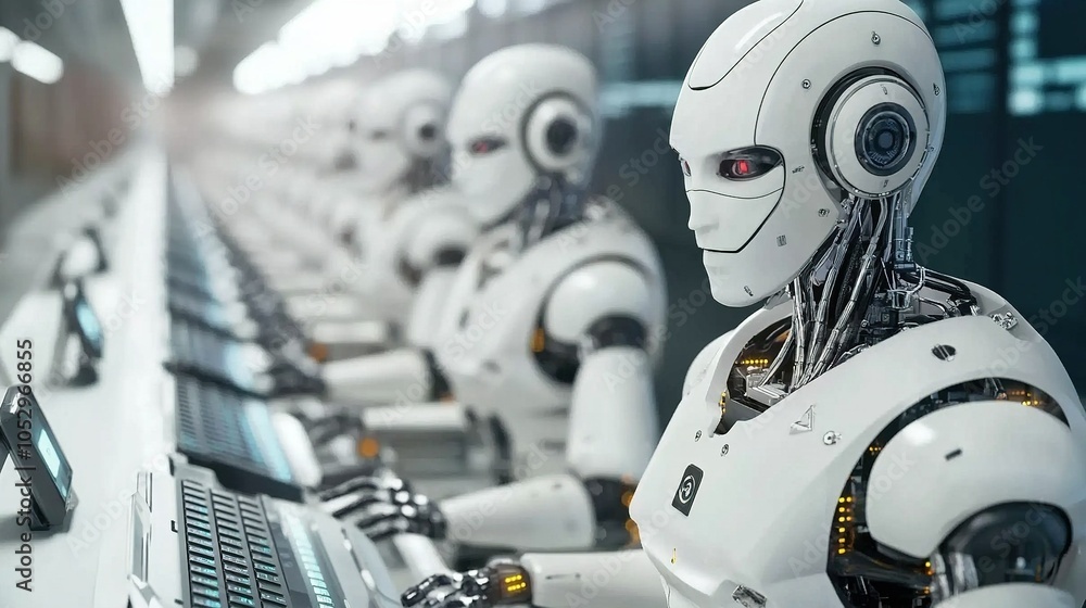 Fototapeta premium AI Robots Working in a Modern Factory