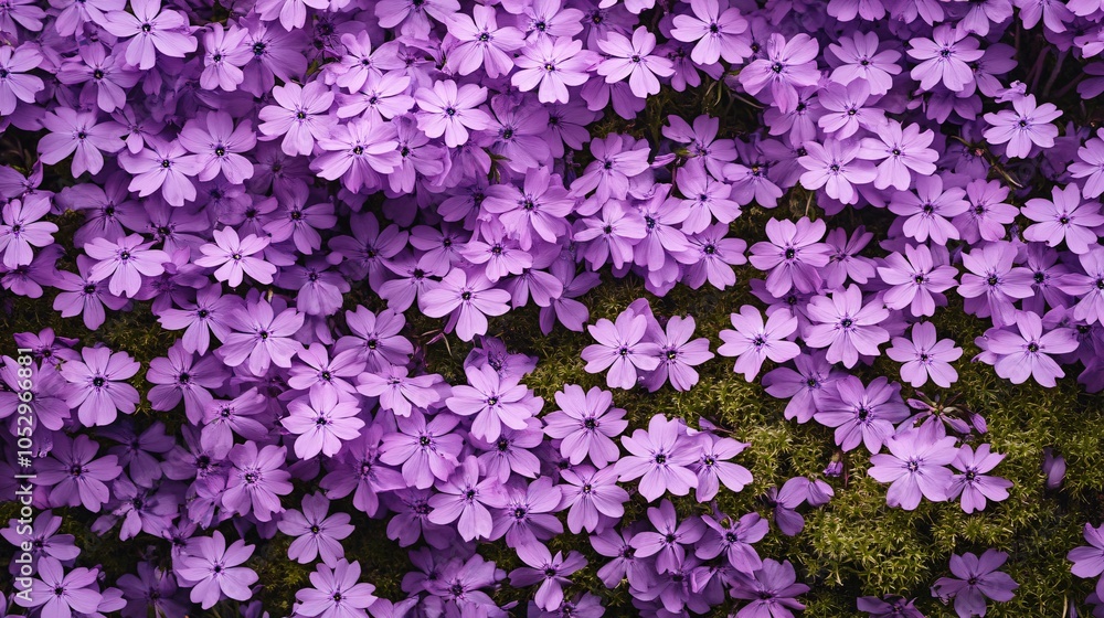 2410 77.A dense carpet of purple phlox subulate flowers in full bloom, with their bright, star-like petals covering the ground. The creeping moss forms a vibrant purple and green mat, transforming 2410 77.A dense carpet of purple phlox subulate flowers in full bloom, with their bright, star-like petals covering the ground. The creeping moss forms a vibrant purple and green mat, transforming