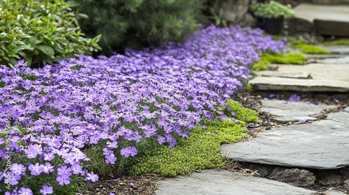 2410 77.A dense carpet of purple phlox subulate flowers in full bloom, with their bright, star-like petals covering the ground. The creeping moss forms a vibrant purple and green mat, transforming