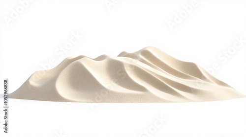 2410 94.A desert sand pile with smooth, flowing lines, depicted from a side view against a white background. The texture of the sand is fine, and the moundâ€™s gentle slopes are highlighted by soft photo