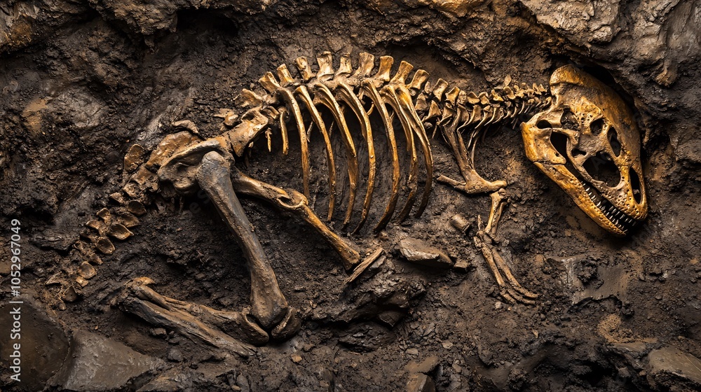 Naklejka premium 2410 106.A detailed close-up of a dinosaur skeleton partially uncovered in the ground, with fossilized bones clearly visible through the layers of soil. The large ribcage and skull are prominent,