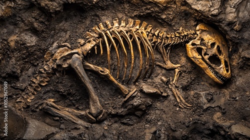 Fototapeta Naklejka Na Ścianę i Meble -  2410 106.A detailed close-up of a dinosaur skeleton partially uncovered in the ground, with fossilized bones clearly visible through the layers of soil. The large ribcage and skull are prominent,