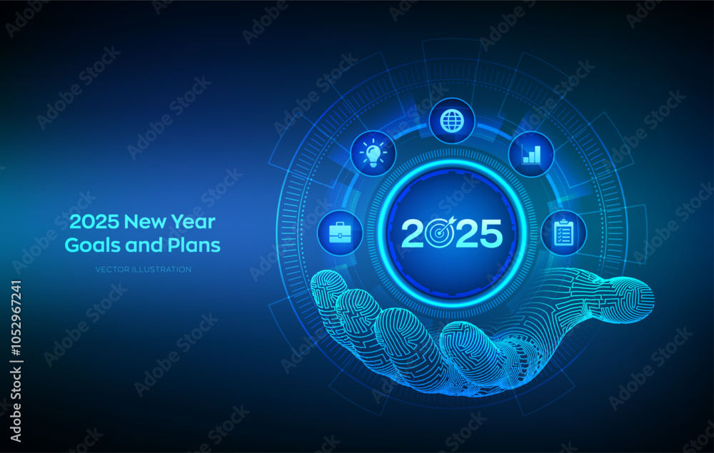 2025 New year Goals and plans icon in wireframe hand. Business plan and strategies. Goal acheiveement and success in 2025. Resolutions, plan, action, checklist concept. Vector illustration. 2025 New year Goals and plans icon in wireframe hand. Business plan and strategies. Goal acheiveement and success in 2025. Resolutions, plan, action, checklist concept. Vector illustration.