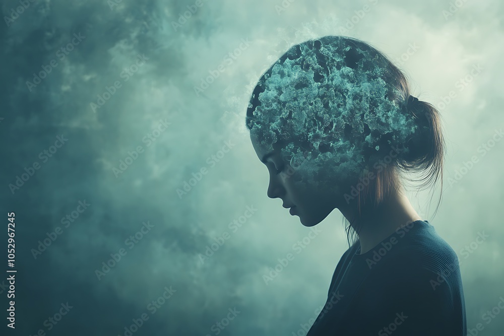 A female silhouette with her head dissolving into abstract clouds, representing introspection, creativity, and the complexity of human thought and emotion. A female silhouette with her head dissolving into abstract clouds, representing introspection, creativity, and the complexity of human thought and emotion.