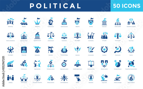Political icon set with democracy, republic, monarchy, totalitarianism, authoritarianism, oligarchy, anarchy, federalism, unitary system, separation of powers icon. Simple flat vector 
