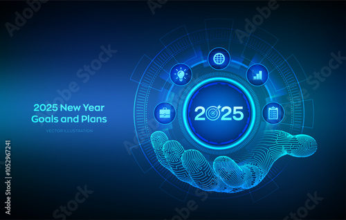 2025 New year Goals and plans icon in wireframe hand. Business plan and strategies. Goal acheiveement and success in 2025. Resolutions, plan, action, checklist concept. Vector illustration.