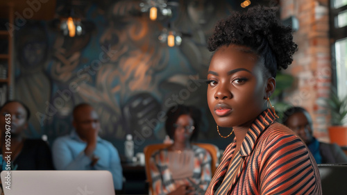 Close up of a young black executive woman turning her head to speak confidently during a meeting at an all black tech company during the 1970's.