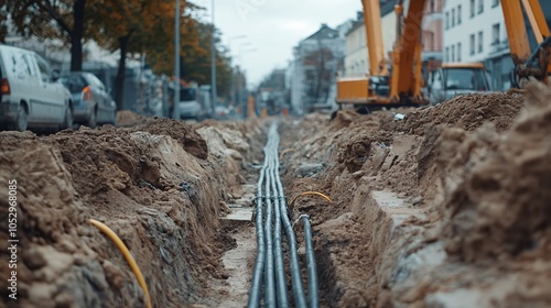 2410 24.Exposed electrical cables lying in a trench on a construction site, ready for installation beneath the street. The cables are neatly organized, with the surrounding ground dug up and piles of photo