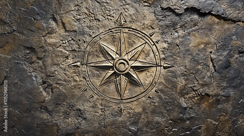 2410 100.A beautifully etched compass rose on a cement surface, featuring the cardinal points and zodiac symbols. The rough texture of the cement ground contrasts with the fine details of the compass photo