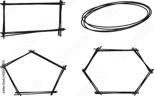 The four shapes are black and have lines drawn on them. They are all different sizes and shapes, but they all have a similar design. The shapes are arranged in a way that creates a sense of movement