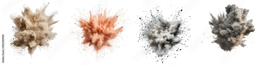 Set of a powdery explosion, with vibrant particles dispersing in dynamic motion, isolated on transparent background. Set of a powdery explosion, with vibrant particles dispersing in dynamic motion, isolated on transparent background.