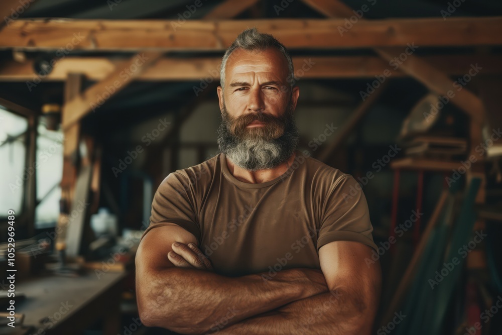 Rugged Bearded Man in Rustic Workshop Rugged Bearded Man in Rustic Workshop